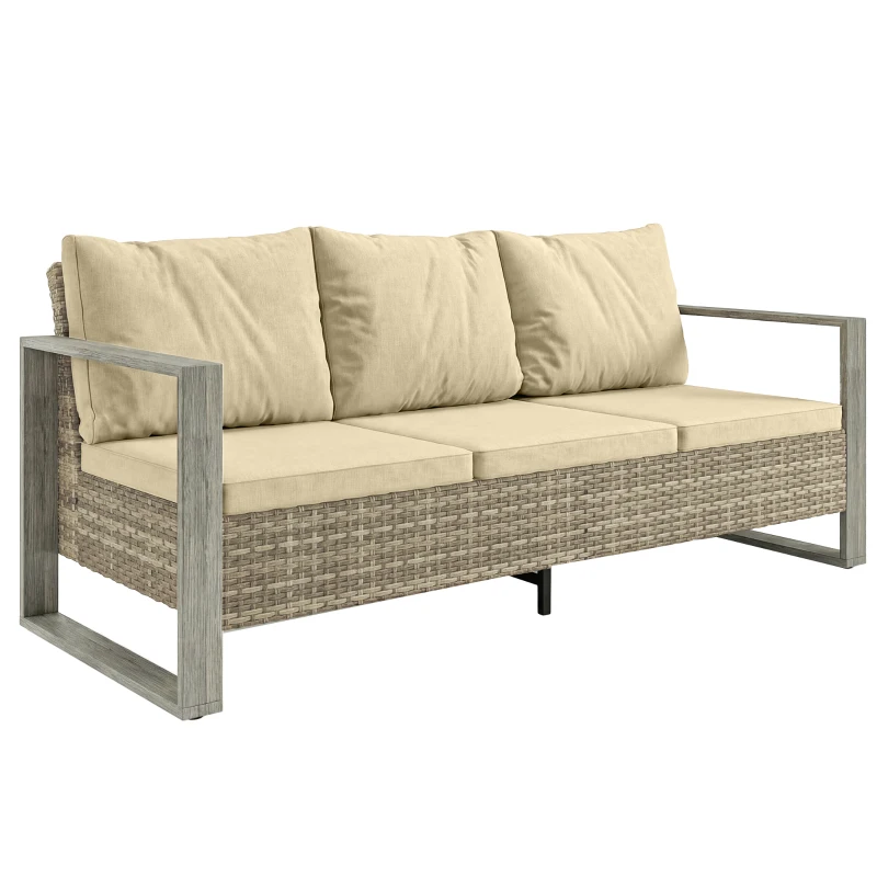Outsunny 3-Seater Outdoor Couch, PE Wicker Patio Sofa with Deep Seat, Wood-Effect Aluminum Armrests, Cushions, Khaki