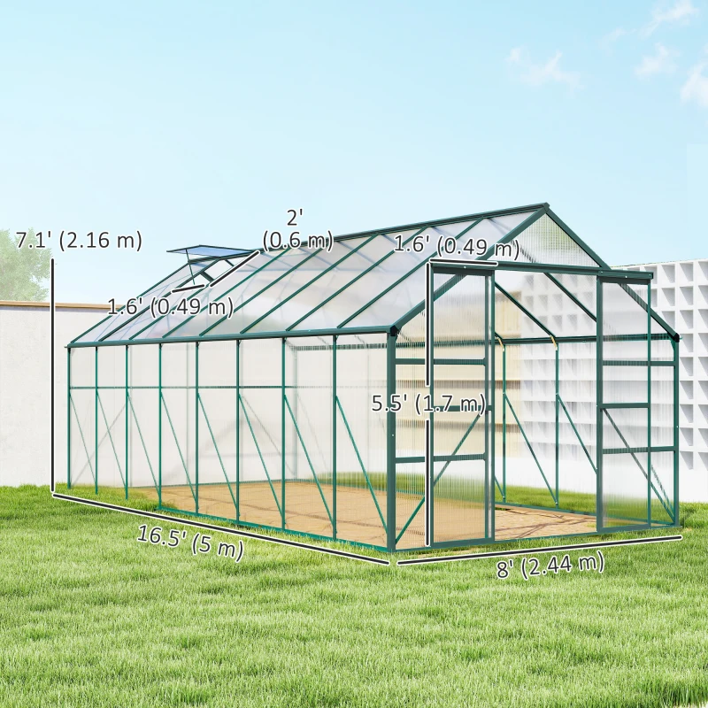 Outsunny 16' x 8' Aluminum Polycarbonate Greenhouse Walk-in Garden Greenhouse Kit with Adjustable Roof Vent, Rain Gutter and Sliding Door for Winter, Green