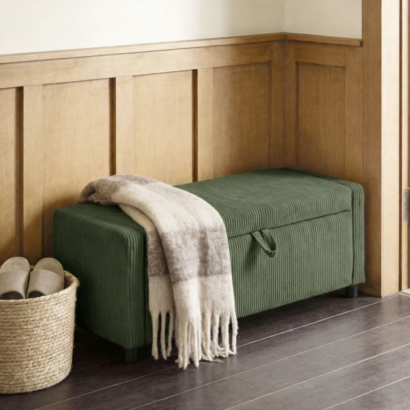 HOMCOM Storage Ottoman, Upholstered Corduroy End of Bed Bench with Thick Padding, Storage Bench for Bedroom, Dark Green