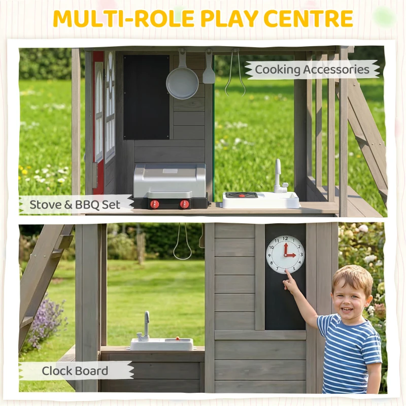 Qaba Two-Story Outdoor Playhouse, Wooden Kids Playhouse with Slide, Bench, BBQ Play Kitchen, Ladder, Lookout Platform, Clock