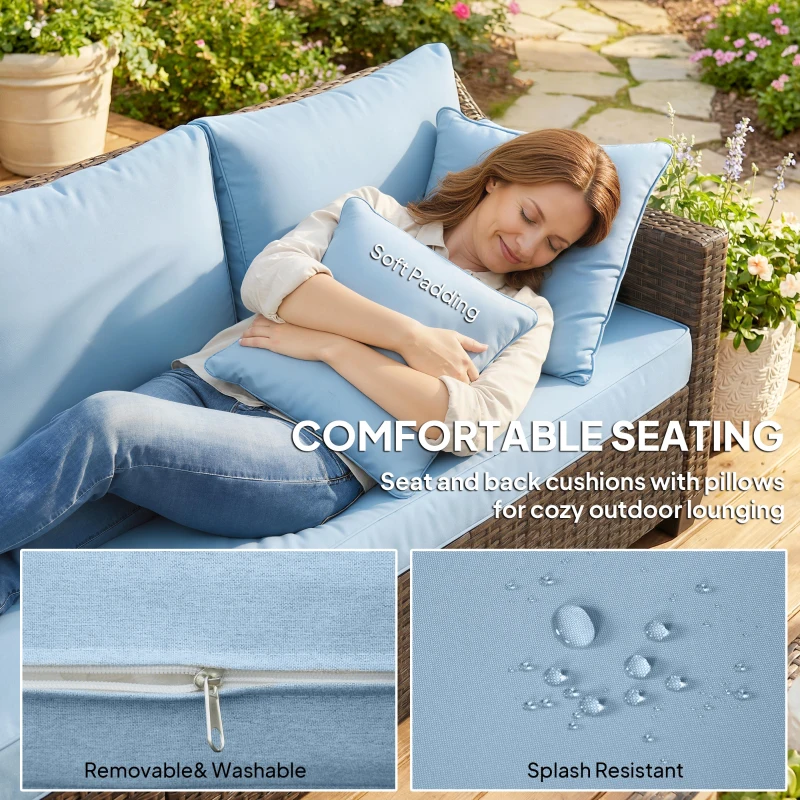 Outsunny PE Wicker Outdoor Couch Sofa, 4-Seater Modular Patio Furniture Lounge Set with 2 Loveseats, Cushions, Pillows, Blue
