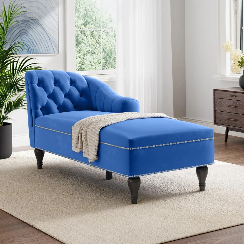 Exquisite Chaise Lounge with Button-Tufted Design and Nailhead Trim, Right-Arm Facing Chaise for Living Room, 58" L x 26.5" W x 28.5" H, Blue