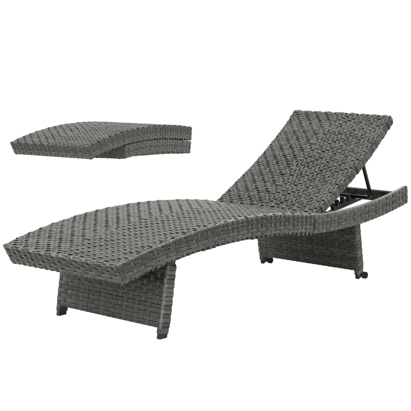 Outsunny Patio Lounger, Folding Wicker Outdoor Chaise Lounge with 4-Level Adjustable Backrest, Grey