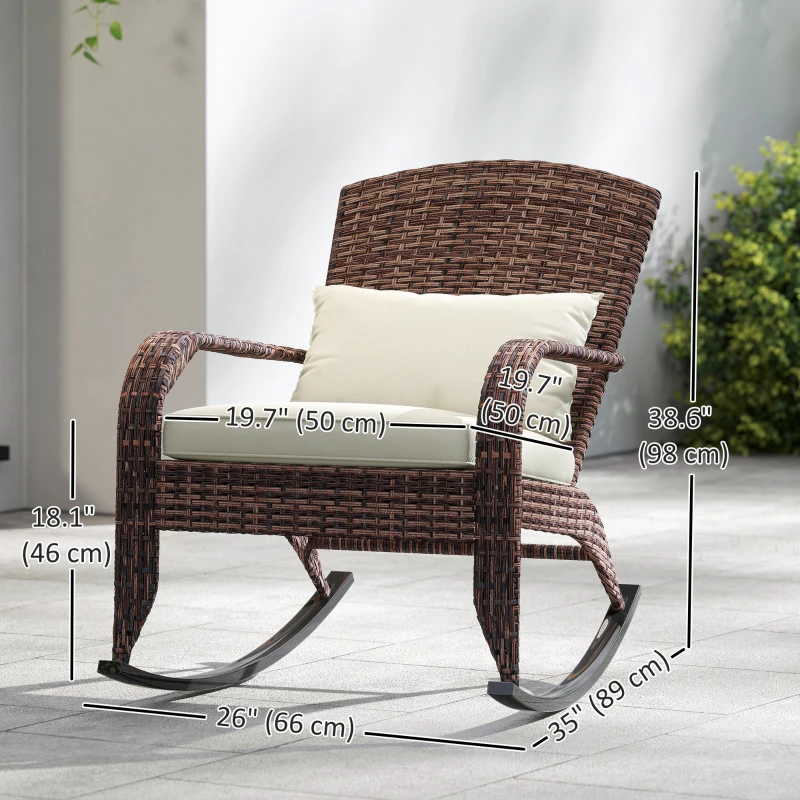 Outsunny Adirondack Chair, Outdoor Wicker Rocking Chair with High Back, Seat Cushion and Pillow for Porch, Balcony, Cream/Brown