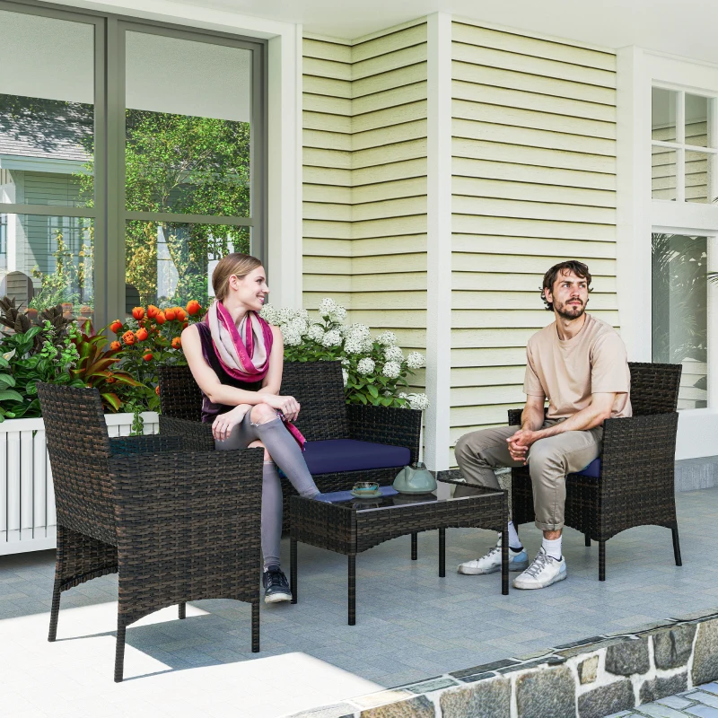 Outsunny 4 Pieces Wicker Outdoor Balcony Furniture Set Rattan Patio Furniture Set with Loveseat Chairs Glass Coffee Table Navy Blue