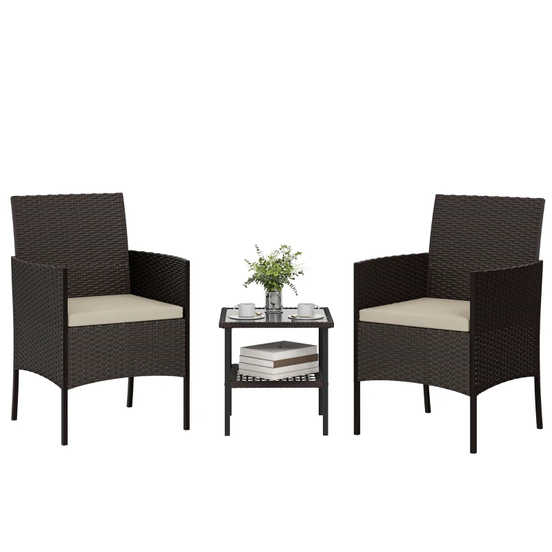 Outsunny Wicker Bistro Set, 3 Piece Patio Furniture Set with 2-Tier Glass Top Table, Cushions for Balcony, Porch, Khaki