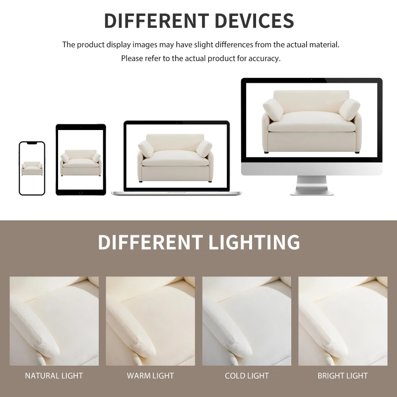 Modern Single Chenille Sofa with Extra-Wide 42.5-Inch Seat, Comfortable Armchair for Bedroom and Living Room, 50" L x 43" W x 34" H, White