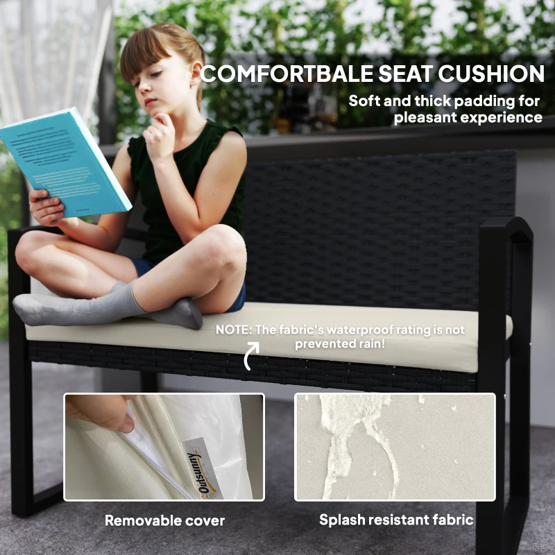 Outsunny 2 Seater Outdoor Bench, Rattan Garden Bench Loveseat with Cushion, Armrests, Steel Frame for Patio, Porch, Beige