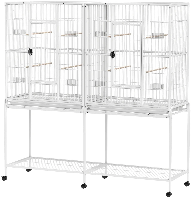 PawHut 64" Large Rolling Bird Cage Bird House with Detachable Rolling Stand, Storage Shelf, Wood Perch Food Container, White