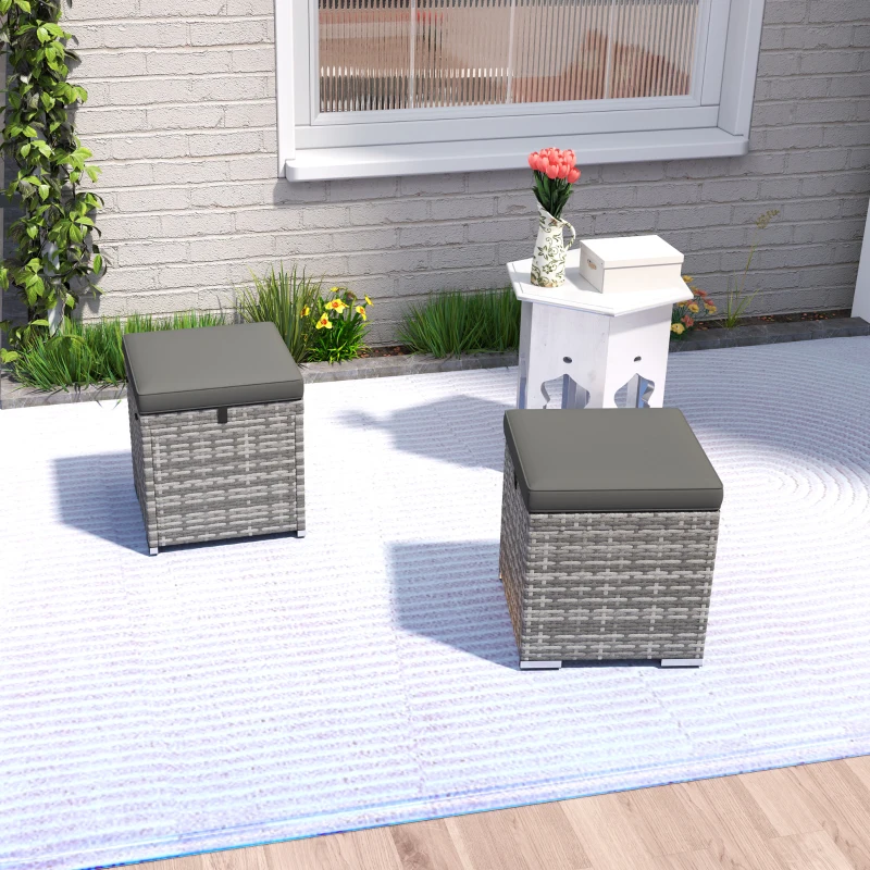Outsunny 2 Pieces Wicker Outdoor Ottoman with Storage, Cushion, Square Outdoor Footstool, Seating, Side Table, Dark Grey