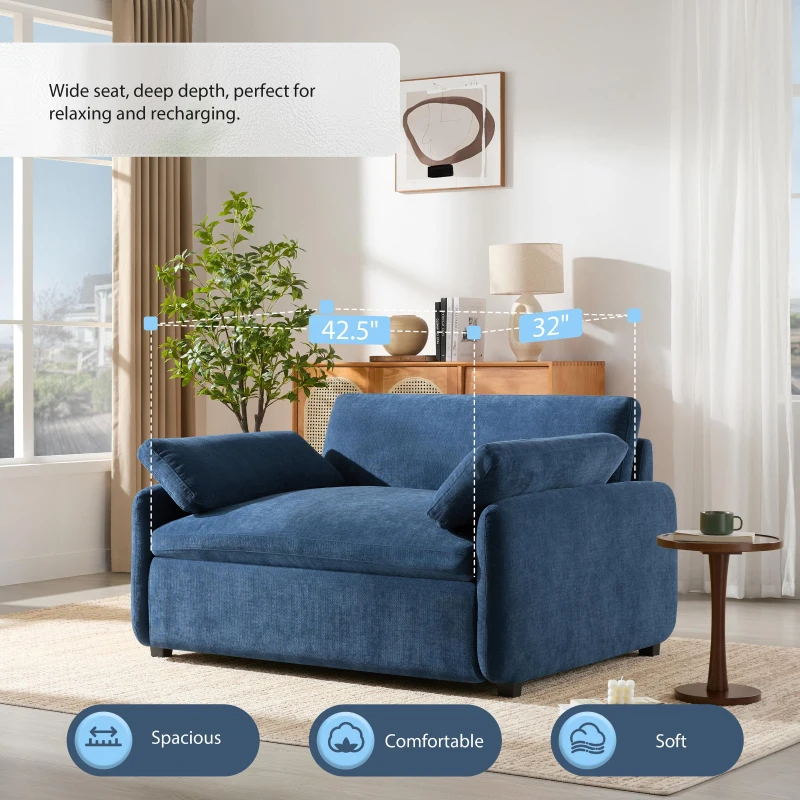 Modern Single Chenille Sofa with Extra-Wide 42.5-Inch Seat, Comfortable Armchair for Bedroom and Living Room, 50" L x 43" W x 34" H, Blue