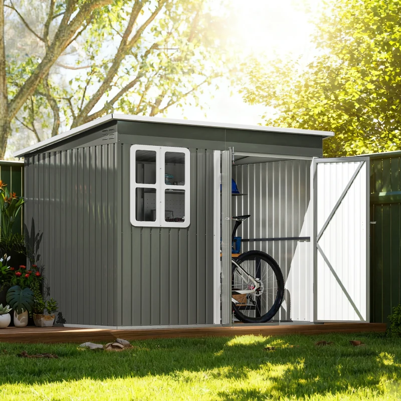 Outsunny 8.5' x 6' Galvanised Steel Outdoor Storage Shed, Garden Shed with Window, Lockable Wide Doors and Air Vents, Grey