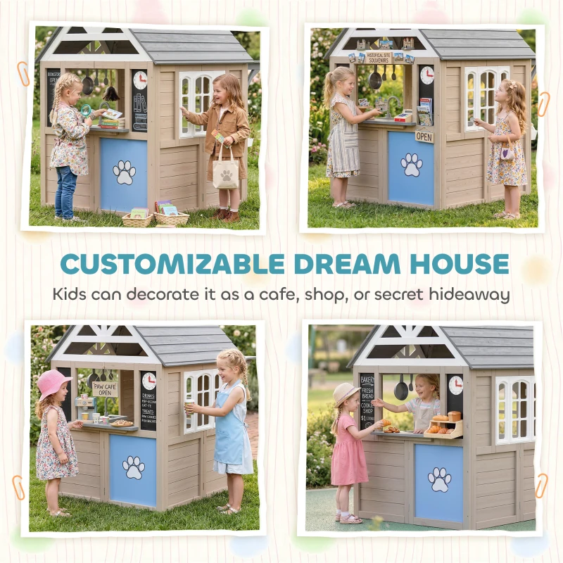 Qaba Outdoor Playhouse, Wooden Kids Playhouse with Dog Door, Cookware, Planter Box, Bell, Blackboard, Clock for Backyard
