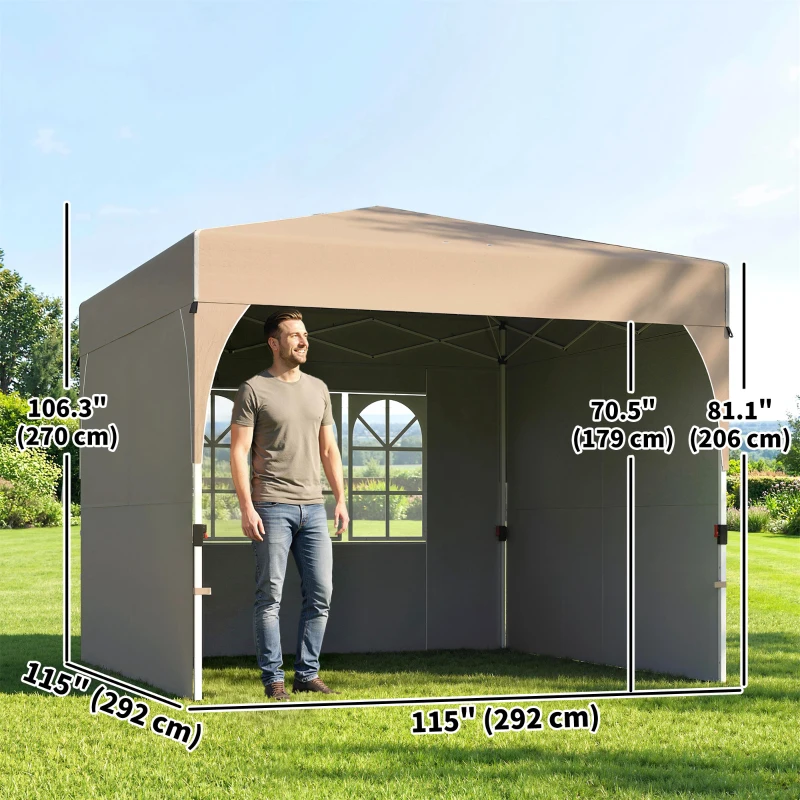 Outsunny 9.6 x 9.6 ft Pop Up Canopy Tent with 3 Sidewalls, UPF 50+ 1-Button Push Easy Setup Outdoor Instant Canopy, Khaki