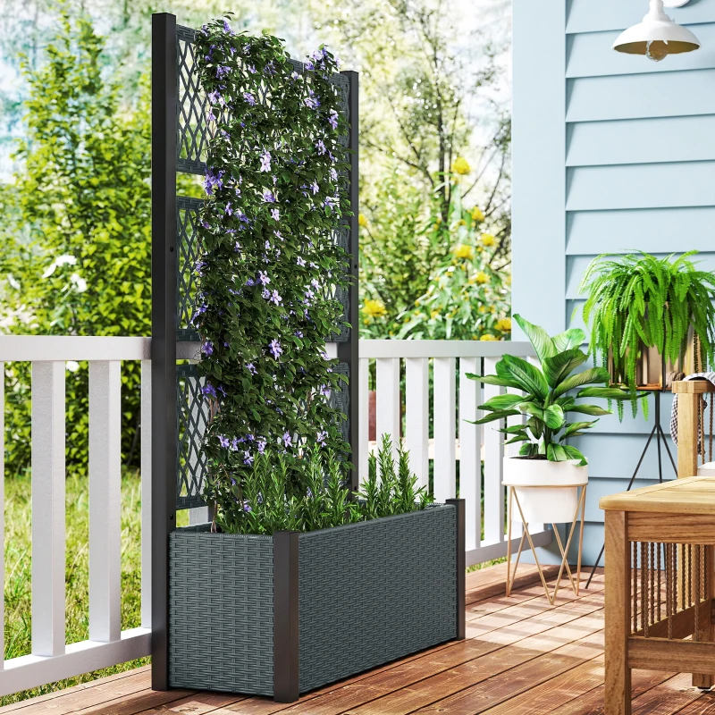 Outsunny Wicker Outdoor Planter with Trellis, 58" Standing Garden Bed with Liner, Drainage Holes for Climbing Plants, Dark Grey