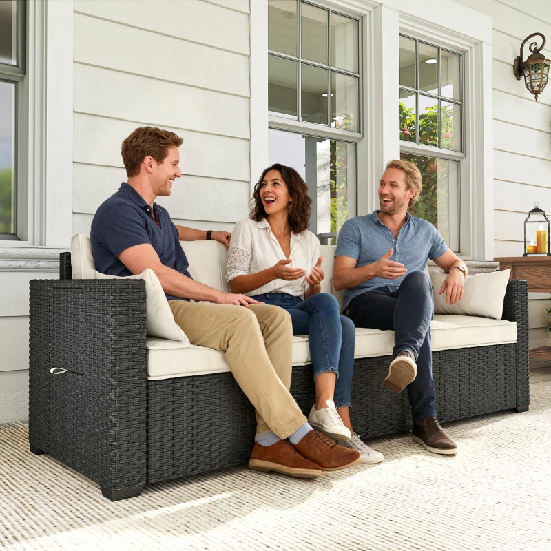 Outsunny 3 Seater Wicker Patio Sofa with Side Trays, Outdoor Couch with 6" Thick Back Cushions, Deep Seating, Cream White