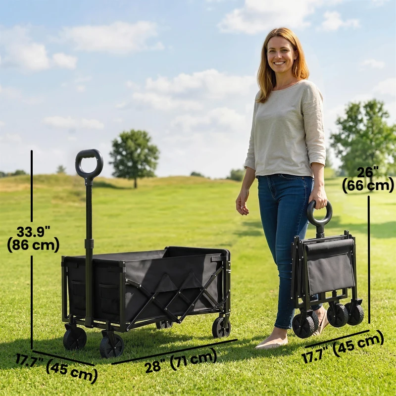 Outsunny 16 Gallon Folding Wagon Cart with Wheels, Heavy-Duty Collapsible Wagon with Drop-Down Tailgate, Black