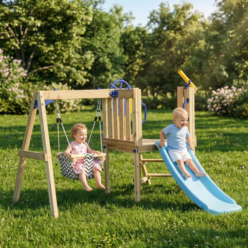 Outsunny Swing Set for Backyard, Wooden Toddler Outdoor Playset with Baby Swing Seat, Kids Slide, Fort, Playground Equipment with Captain's Wheel, Telescope for Ages 1.5-4, Natural