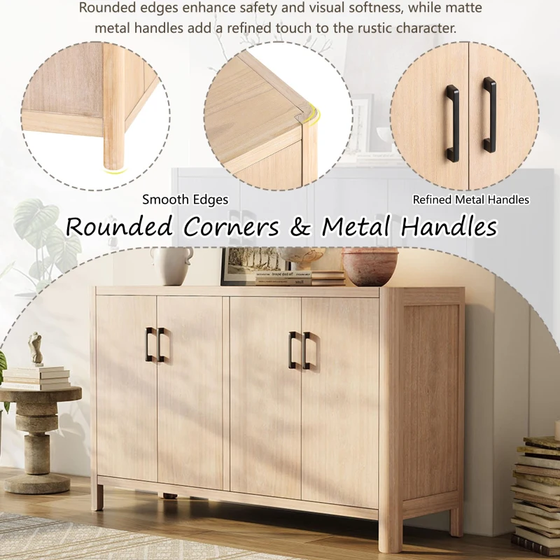 Farmhouse Storage Cabinet with Wood Veneer and Solid Pine Legs, Rustic Accent Sideboard for Entryways, 59" L x 18" W x 36" H, Natural