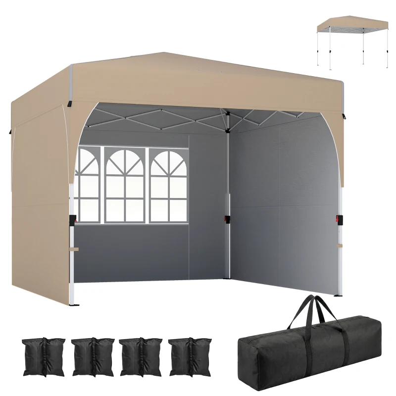 Outsunny 9.6 x 9.6 ft Pop Up Canopy Tent with 3 Sidewalls, UPF 50+ 1-Button Push Easy Setup Outdoor Instant Canopy, Khaki