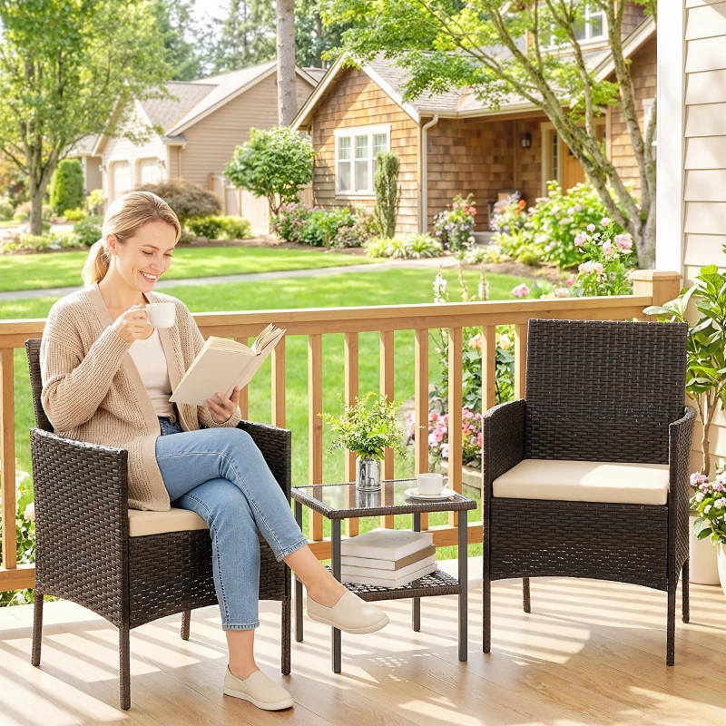 Outsunny Wicker Bistro Set, 3 Piece Patio Furniture Set with 2-Tier Glass Top Table, Cushions for Balcony, Porch, Khaki