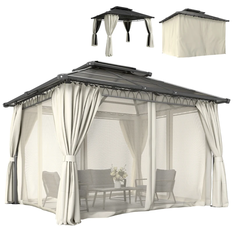 Outsunny 10' x 12' Outdoor Gazebo Canopy, Double Roof Hardtop Gazebo with Polycarbonate Roof, Steel Frame, Nettings and Curtains