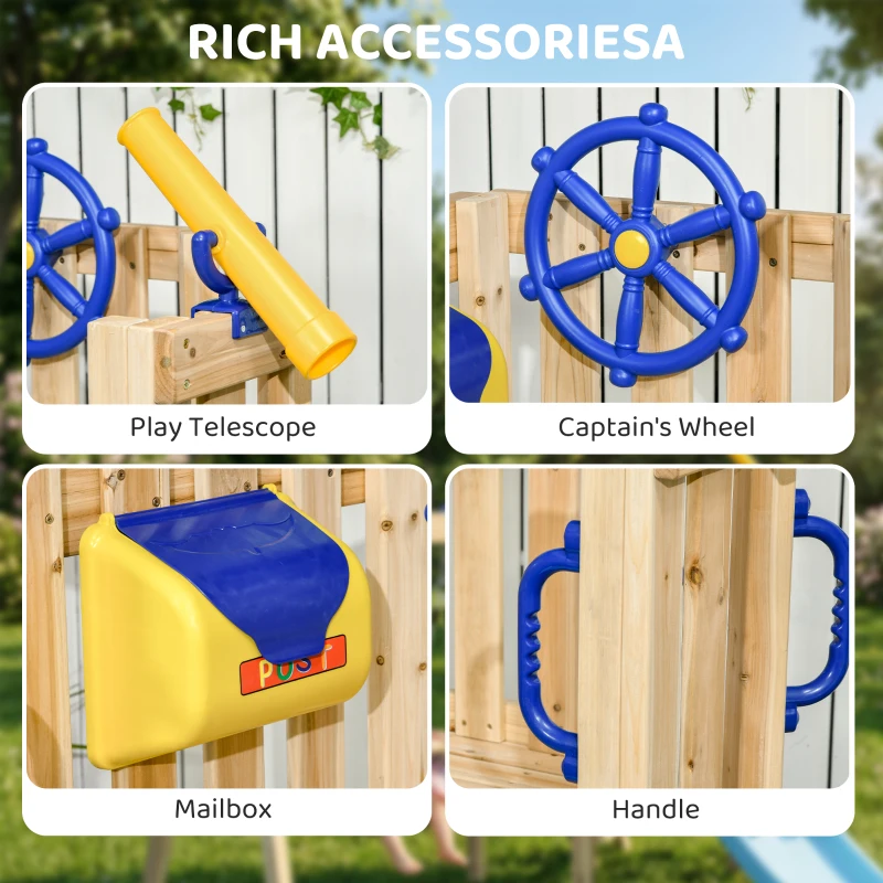 Outsunny Wooden Kids Swing Set with Slide, Swing Seat, Captain's Wheel, Telescope, for Ages 18-48 Months, Natural