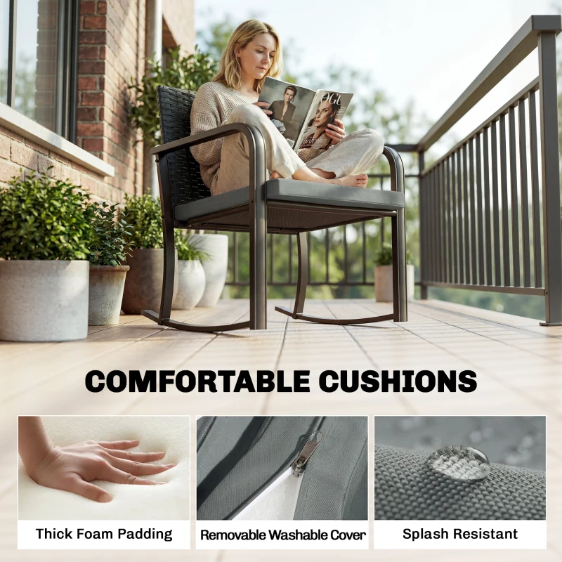 Outsunny 3 Pieces Rocking Bistro Set Outdoor Patio Furniture Set with Cushions, Glass Coffee Table for Balcony, Grey