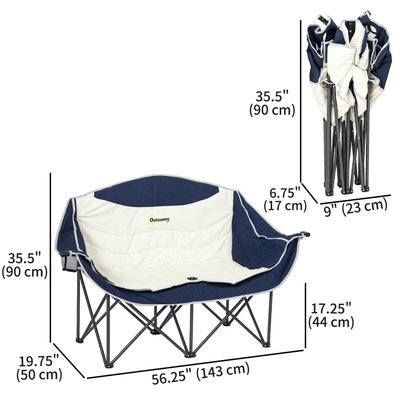 Outsunny Portable Camp Chair, Double Camping Chair with Cup Holders and Carry Bag, Support 551 lbs, Navy Blue