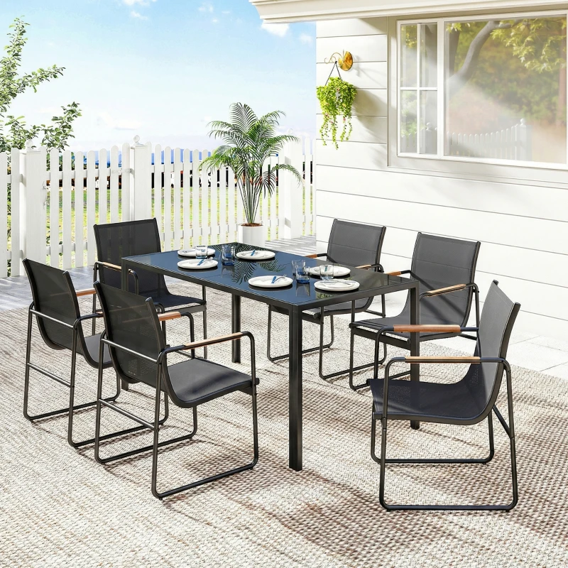 Outsunny 7 Pieces Outdoor Dining Set for 6, Glass Patio Table and Chairs with Decorative Armrests, All Weather Mesh, Black