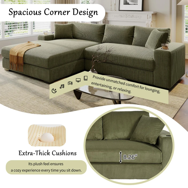 Large Corner Sectional Sofa with Extra-Thick Cushions, Comfortable Upholstered Couch for Living Room, 111.5" L x 59" W x 32" H, Green