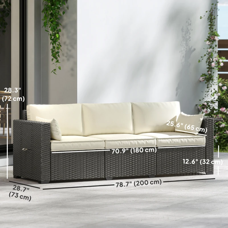 Outsunny 3 Seater Wicker Patio Sofa with Side Trays, Outdoor Couch with 6" Thick Back Cushions, Deep Seating, Cream White