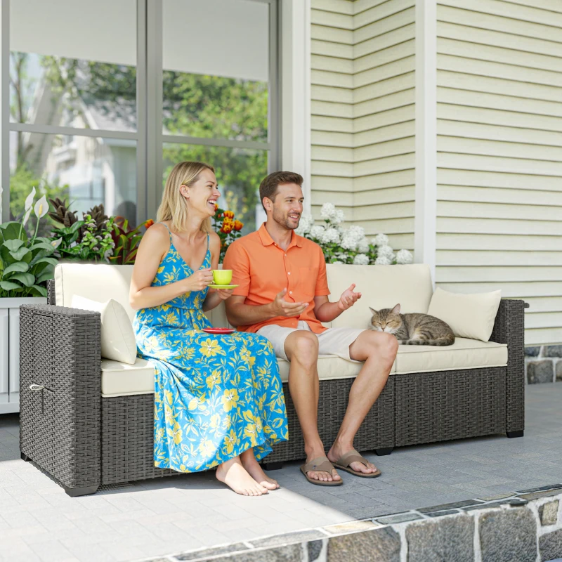 Outsunny 3 Seater Wicker Patio Sofa with Side Trays, Outdoor Couch with 6" Thick Back Cushions, Deep Seating, Cream White