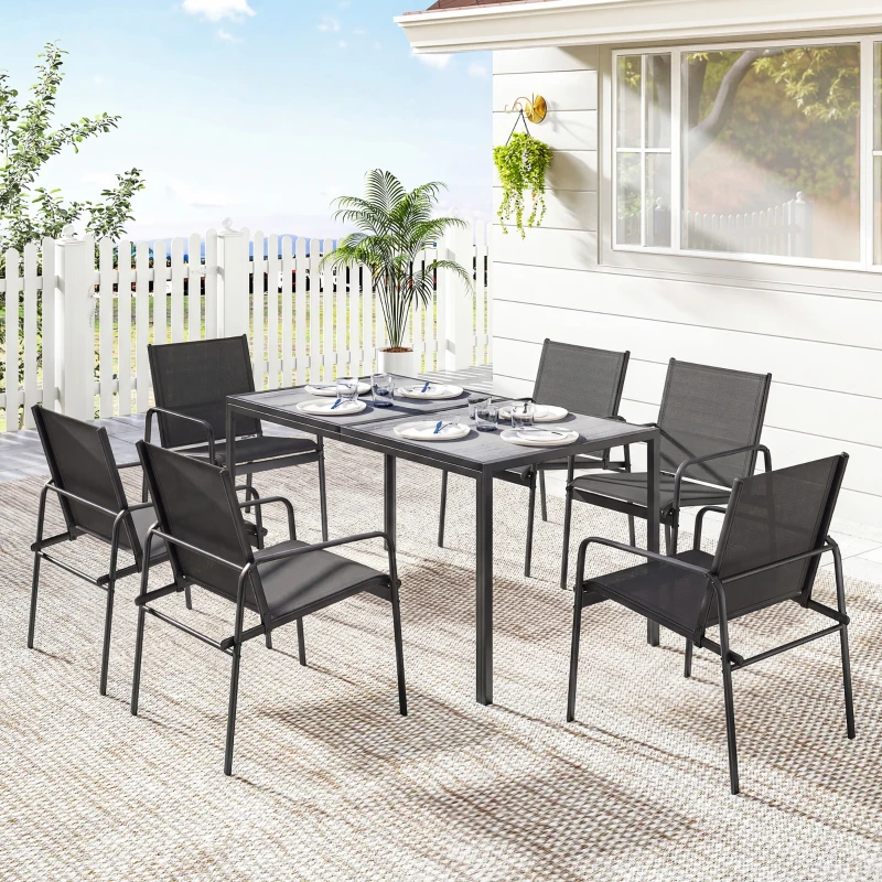 Outsunny Outdoor Dining Set for 6, Faux Wood Patio Table and Chairs with Breathable Mesh Seat, Galvanized Steel Frame, Black