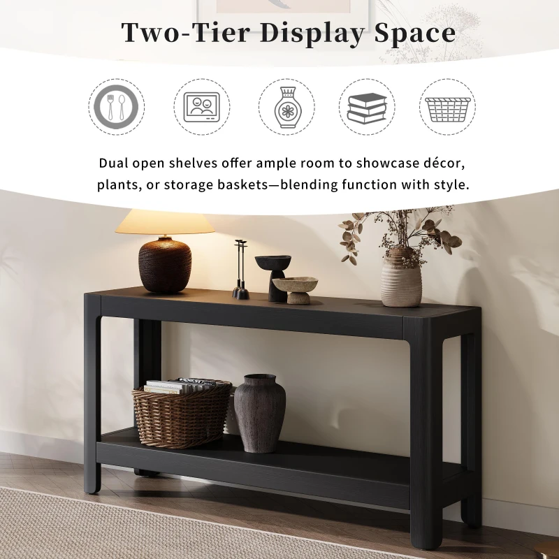Elegant Farmhouse Console Table with Knot-Free Pine Legs, Accent Sofa Table with Solid Wood Veneer Top, 59" L x 15.5" W x 30" H, Black
