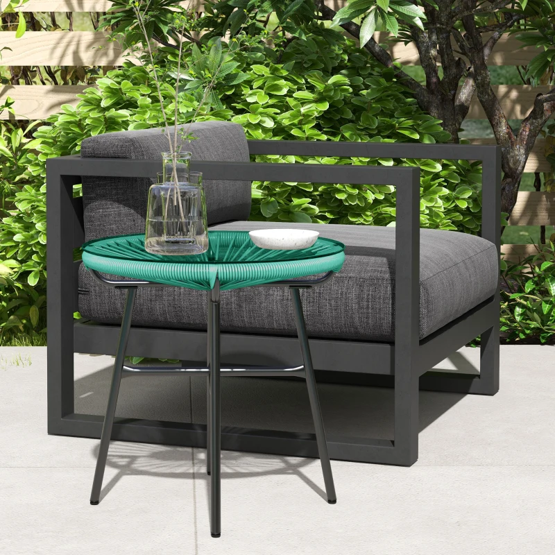 Outsunny Rattan Side Table, Round Outdoor Table, with Round PE Rattan and Tempered Glass Table Top for Patio, Garden, Light Green
