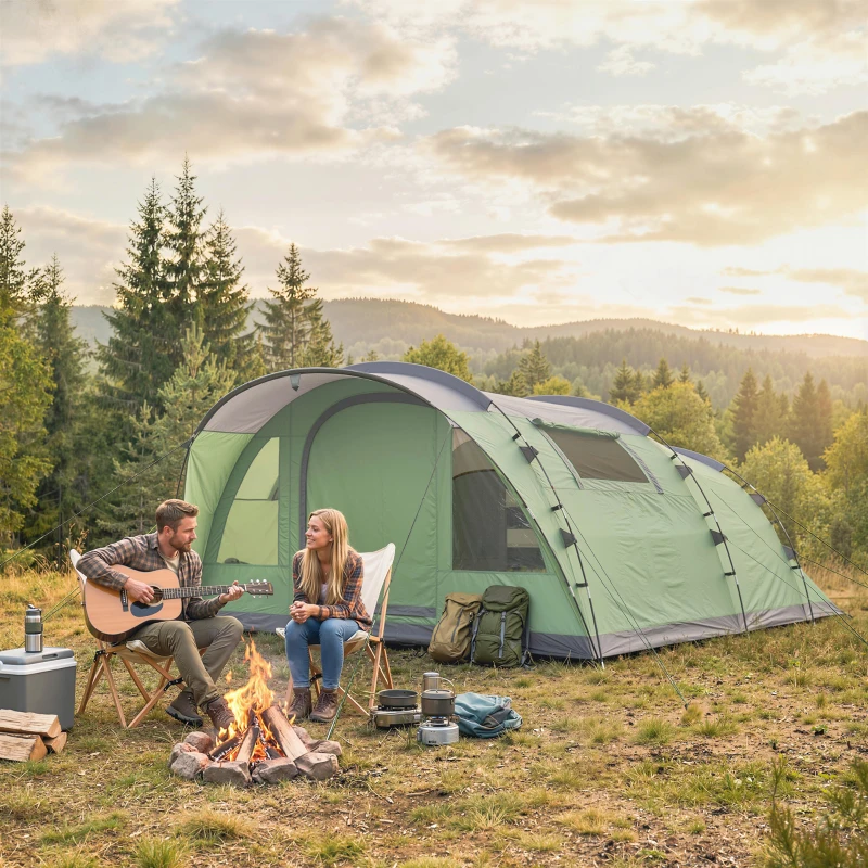 Outsunny Multi-Room Camping Tent for 2-4 Person, Easy Set up Large Family Tent with 4 Windows, Porch, Light Green