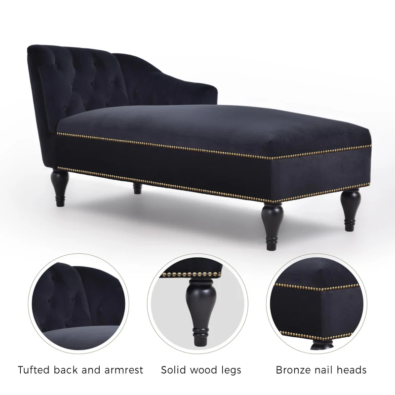 Elegant Chaise Lounge with Button-Tufted Design and Nailhead Trim, Right-Arm Facing Chaise for Living Room, 58" L x 26.5" W x 28.5" H, Black