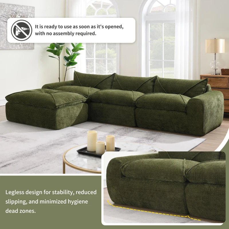 Modular Sectional Sofa with High-Density Foam and Pocket Springs, Oversized Compressed Sofa for Living Room, 116" L x 72" W x 28" H, Green
