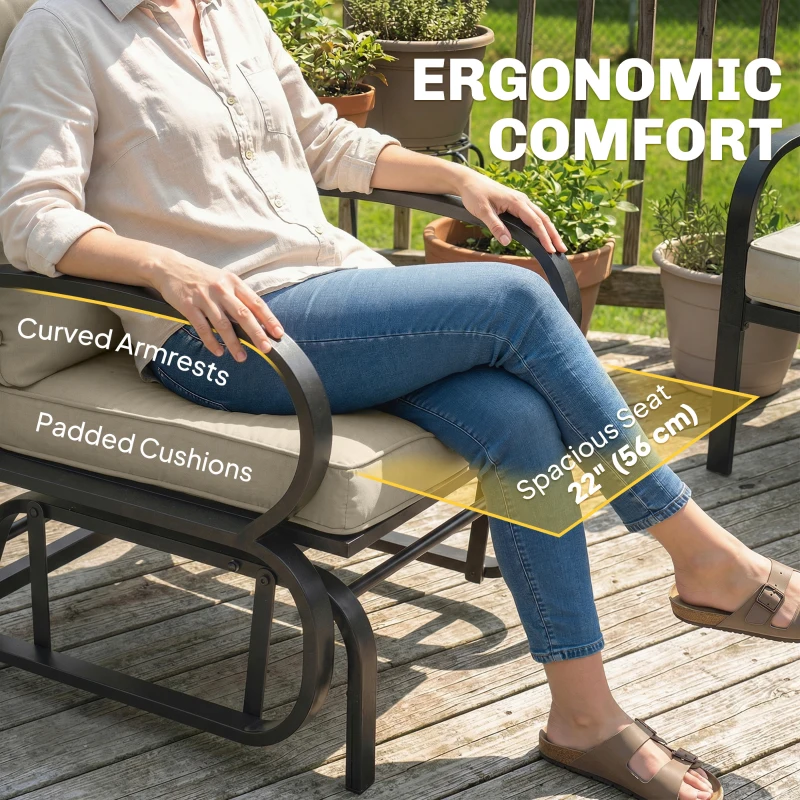 Outsunny Patio Glider, Outdoor Glider Chair with Cushions, Steel Frame, Curved Armrests, Beige
