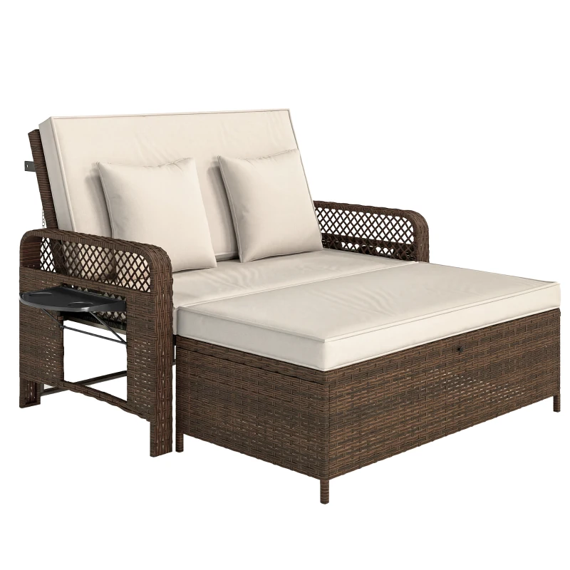 Outsunny 2 Pieces Patio Lounge Chair Set with Cushions, PE Wicker Outdoor Chaise Lounge with Adjustable Backrest, Side Trays