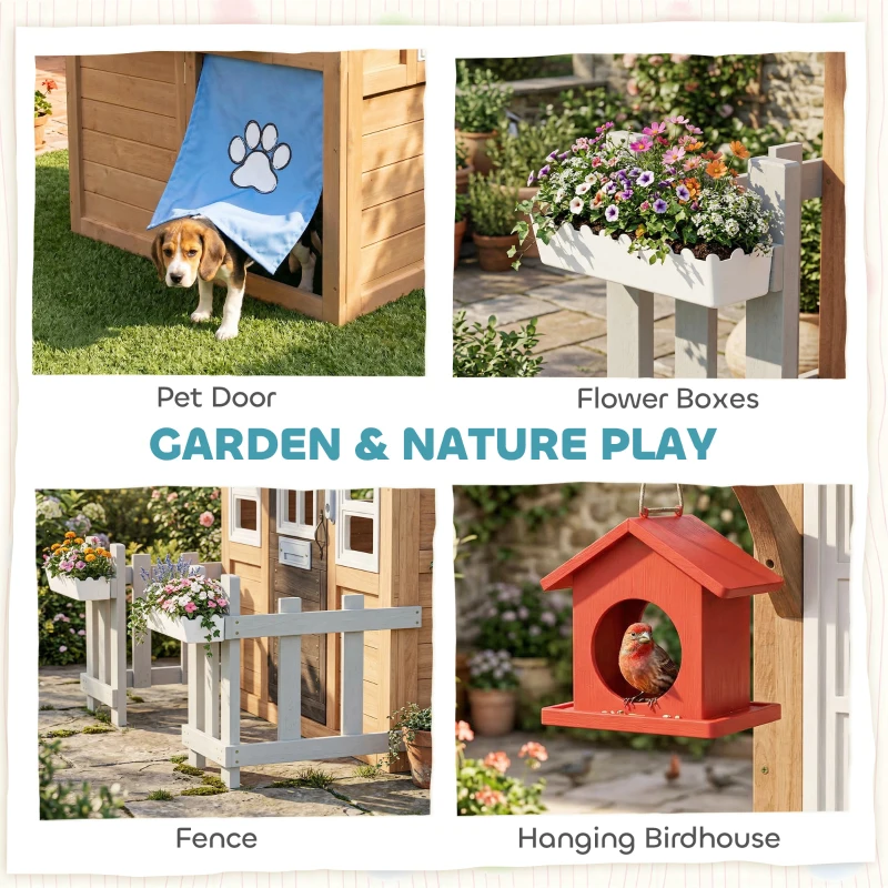 Qaba Wooden Kids Playhouse with Pet Door, Play Kitchen, Mailbox, Doorbell, Birdhouse, Fence and Windows for Pretend Play