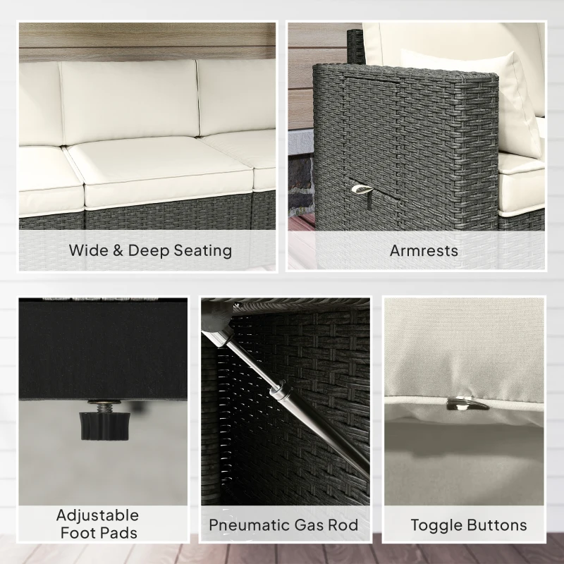 Outsunny 3 Seater Wicker Patio Sofa with Side Trays, Outdoor Couch with 6" Thick Back Cushions, Deep Seating, Cream White