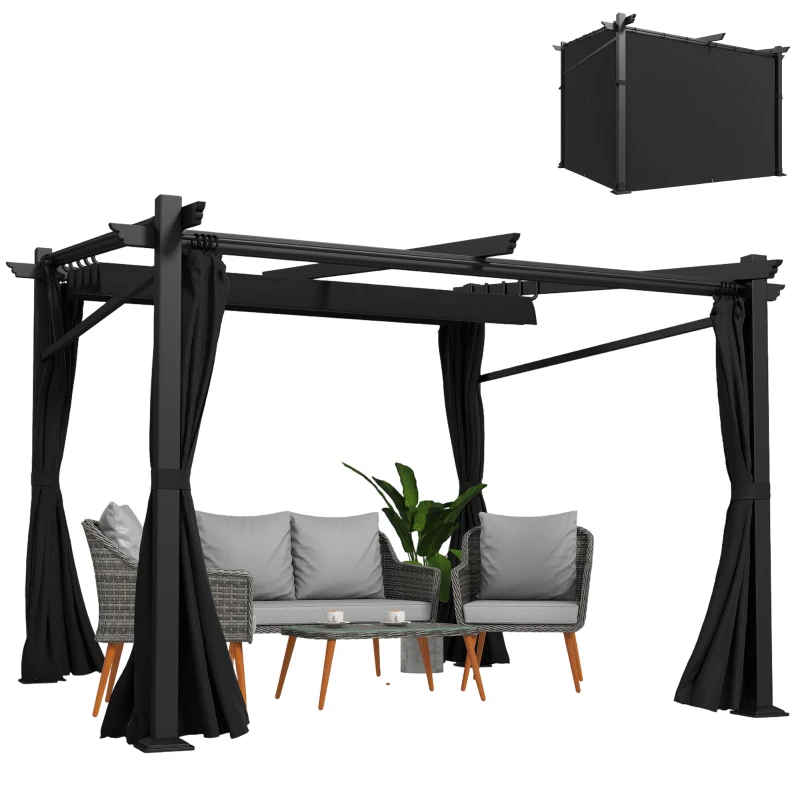 Outsunny Metal Pergola with Sliding Roof Canopy, Retractable Pergola Canopy, 10' x 10', Black