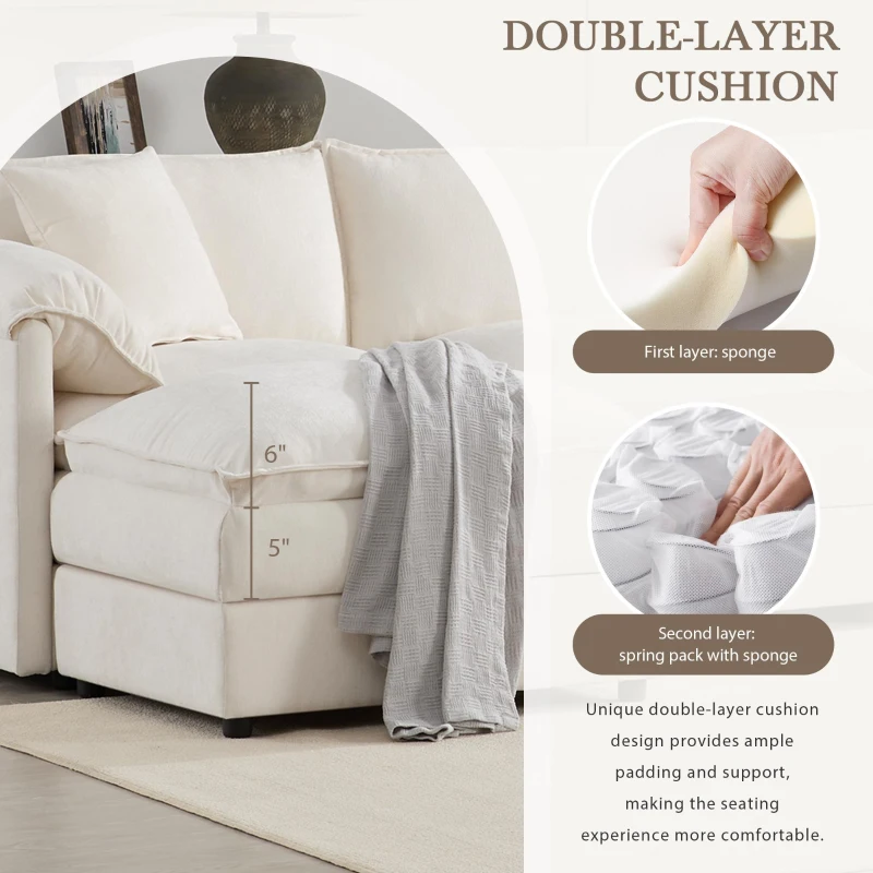 Modular Sectional Sofa with Deep Wide Seats and Cushions, L-Shaped Cloud Couch with Movable Ottoman, 103" L x 59.5" W x 33" H, White