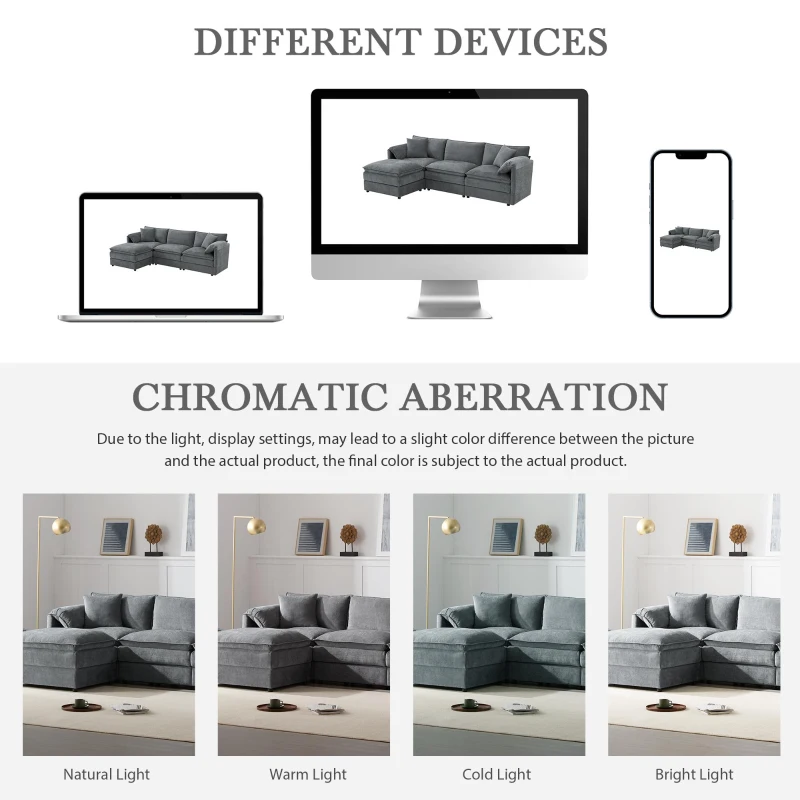 Modular Sectional Sofa with Deep Wide Seats and Cushions, L-Shaped Cloud Couch with Movable Ottoman, 103" L x 59.5" W x 33" H, Dark Gray