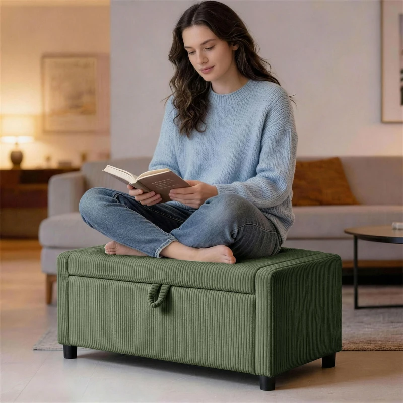 HOMCOM Storage Ottoman, Upholstered Corduroy End of Bed Bench with Thick Padding, Storage Bench for Bedroom, Dark Green
