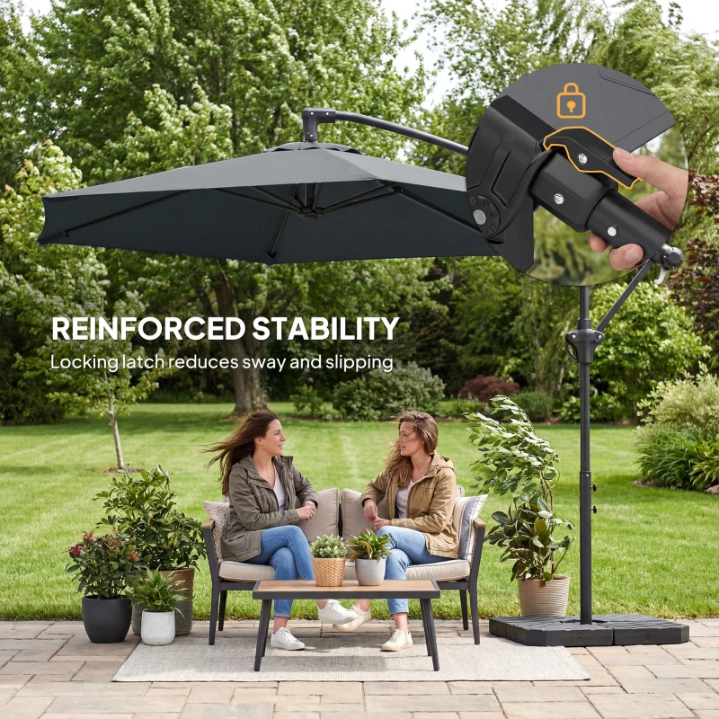 Outsunny 9.7 ft Offset Patio Umbrella with Water/Sand Fillable Weights, Garden Hanging Parasol with Locking Latch, Dark Grey