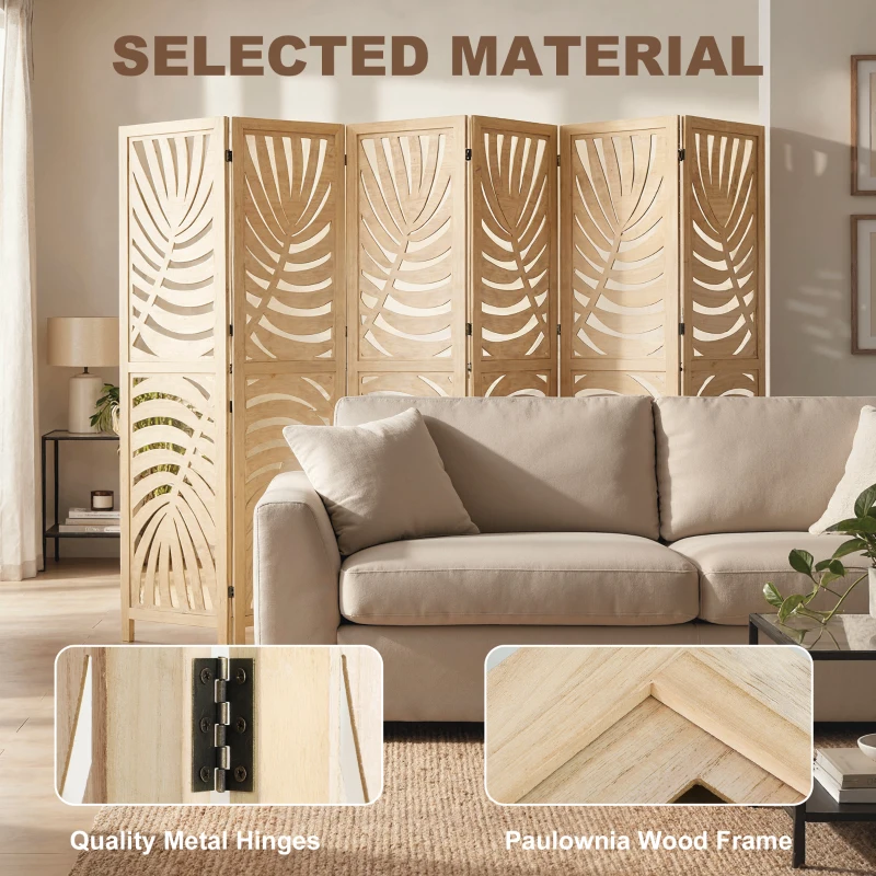 HOMCOM 6 Panel Room Divider, Detachable Folding Privacy Screens with Palm Leaf Design for Home Office, Natural Wood