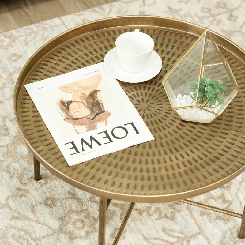 HOMCOM Vintage Coffee Table for Living Room, 24" Round Center Table with Hammered Tray Top and Metal Frame, Gold